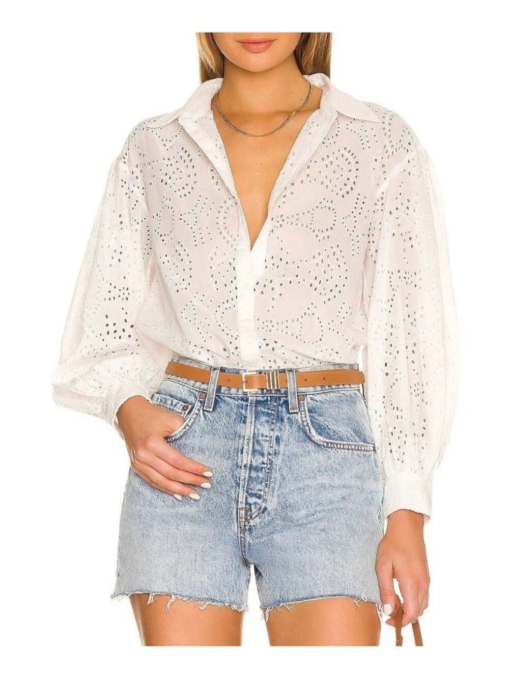 NILI LOTAN Andree Ivory Embroidered Eyelet Ballon Sleeve Button Up Shirt Medium